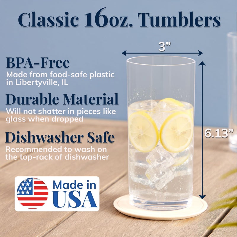 US Acrylic Classic Clear Plastic Reusable Drinking Glasses (Set of 6) 16oz Water Cups | BPA-Free Tumblers, Made in USA | Top-Rack Dishwasher Safe - Image 2