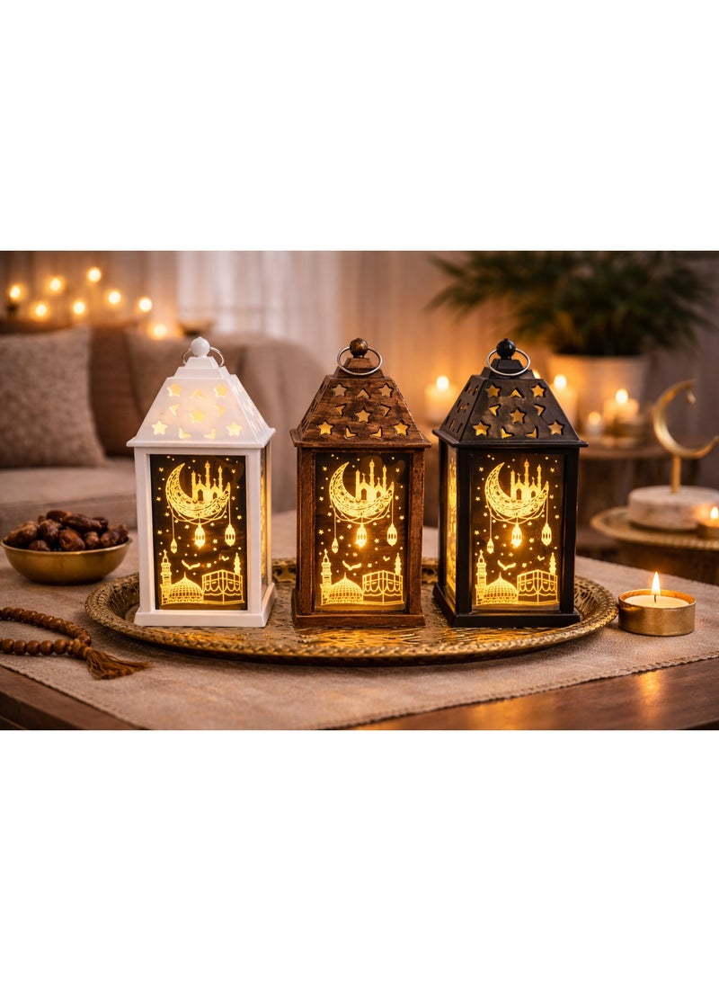 مجموعة 3 فانوس رمضان صغير مضيء LED – ديكور منزلي – بطارية – حجم ميني – موديل 3097 - Image 2