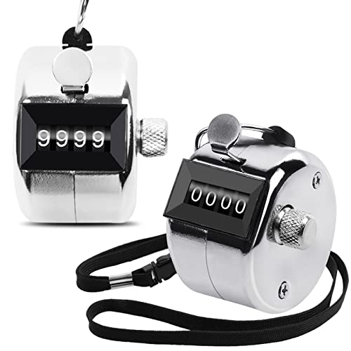 Oligei 2 Pack Metal Hand Counter Four-Digit Counter with Nylon Lanyard Silver Counter Click Counter Handheld Click Counter Digital Counting - Image 1