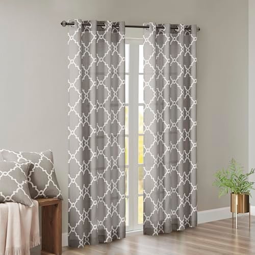 Madison Park Saratoga Single Window Curtain Light Filtering Fretwork Print 1 Panel Grommet Top Drape/Valance for Living Room Bedroom and Dorm, 50x108, Grey/White - Image 2