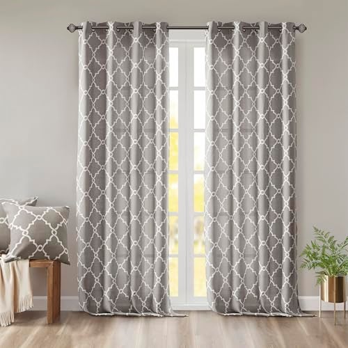 Madison Park Saratoga Single Window Curtain Light Filtering Fretwork Print 1 Panel Grommet Top Drape/Valance for Living Room Bedroom and Dorm, 50x108, Grey/White - Image 1