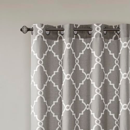 Madison Park Saratoga Single Window Curtain Light Filtering Fretwork Print 1 Panel Grommet Top Drape/Valance for Living Room Bedroom and Dorm, 50x108, Grey/White - Image 4