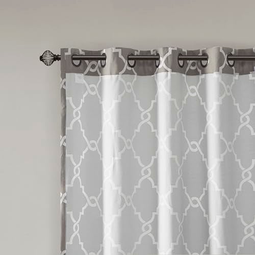 Madison Park Saratoga Single Window Curtain Light Filtering Fretwork Print 1 Panel Grommet Top Drape/Valance for Living Room Bedroom and Dorm, 50x108, Grey/White - Image 5