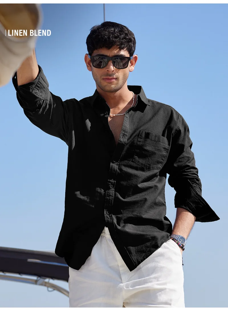 The Souled Store The Souled Store Men Bold Black Solid Regular Fit Cotton Linen Shirts