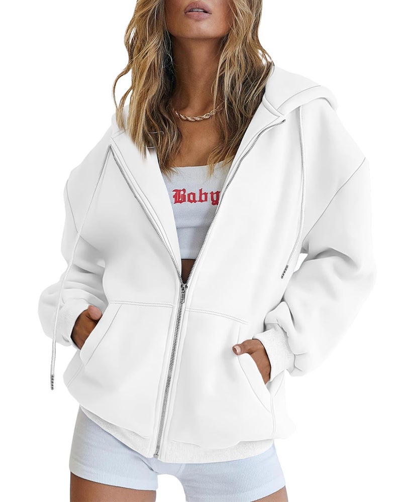 EFAN Women Zip Up Hoodies Oversized Sweatshirt Jacket 2026 Fall Fleece Cute Pullover Hooded Tops Teen Girls Casual Loose Fit Y2k Trendy Fashion Gym Clothes Outfits White S - Image 1