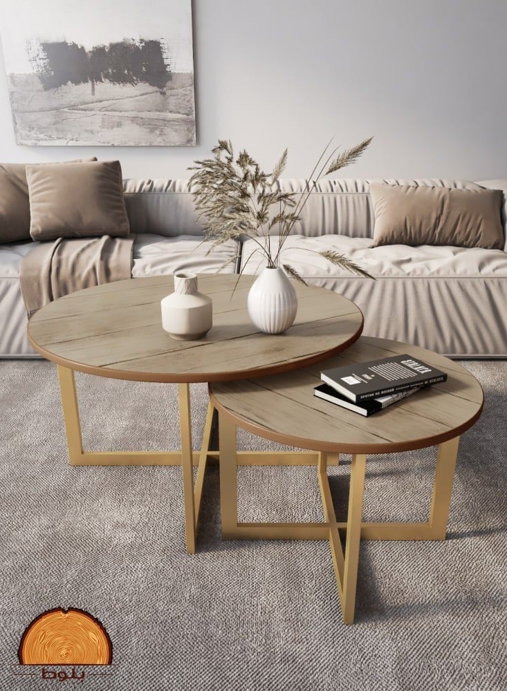 طاولة قهوة فاخرة باللون الذهبي طاولة وسط مركزية دائرية  مكونة من قطعتين طاولة جانبية عصرية مع أرجل معدنية لغرفة المعيشة