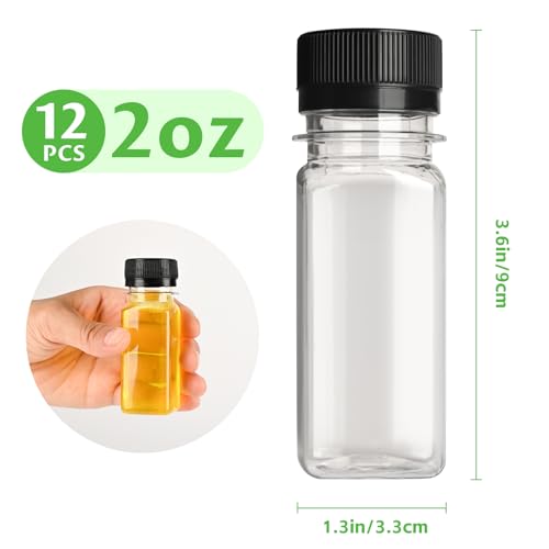 zandfelo 12 Pcs 2 oz Plastic Juice Bottles, Mini Plastic Bottles with Black Lids, Reusable Beverage Container, Mini Containers for Juice, Milk or Other Drinks - Image 2