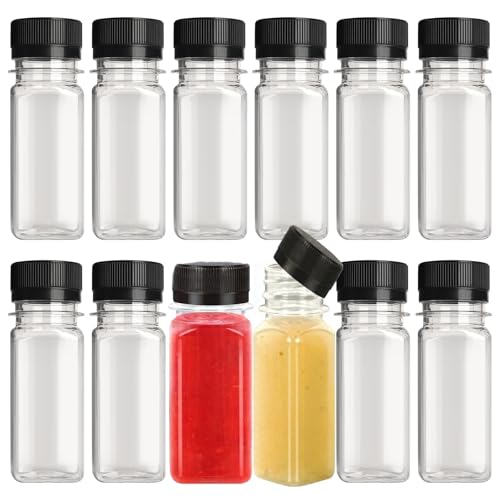 zandfelo 12 Pcs 2 oz Plastic Juice Bottles, Mini Plastic Bottles with Black Lids, Reusable Beverage Container, Mini Containers for Juice, Milk or Other Drinks - Image 1