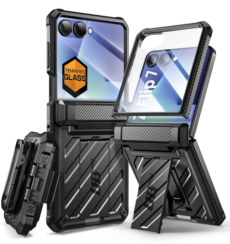 SUPCASE for Samsung Galaxy Z Flip 7 Case with Built-in Stand & Belt-Clip (Unicorn Beetle Pro), [Hinge Protection] [Front Tempered Glass Screen Protector] Full Body Military-Grade Phone Cover, Black - Image 1