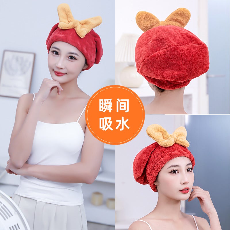 Coral Fleece New Bow Dry Hair Cap Shower Cap Water Absorbent Quick-Drying Women'S Fashionable Bathing Head Wipe Artifact - Image 3