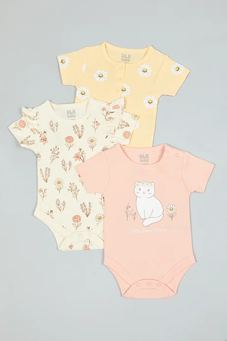 أر أند بي 3 Pack Printed Bodysuits with Short Sleeves