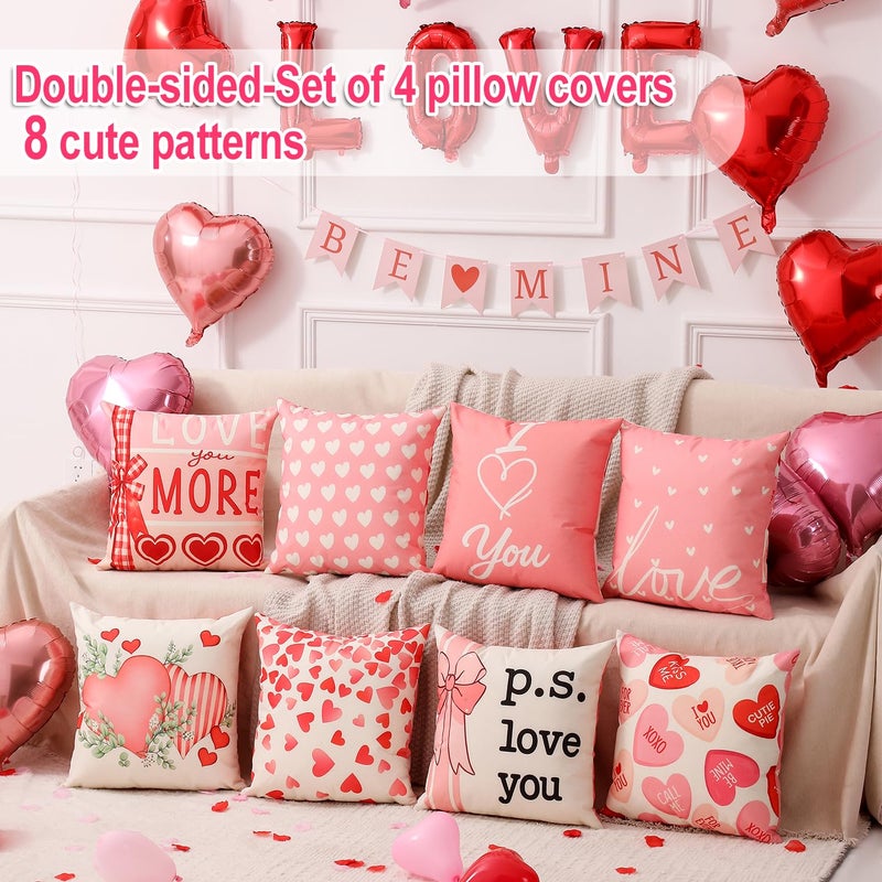 multiwins Valentine Decorations Set of 4 Double-Sided Valentine's Day Throw Pillow Covers 18" x 18", Reversible 8 Designs, with 16 pcs Heart & Love Balloons, Stickers, Complete Valentines Decor Kit - Image 4