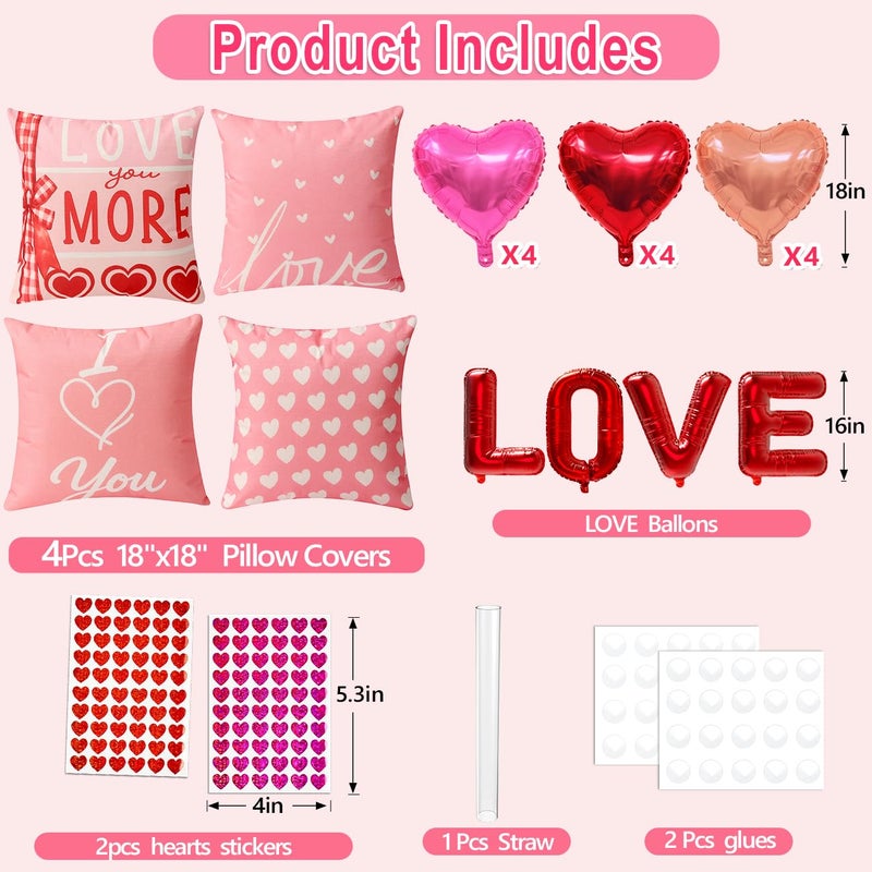multiwins Valentine Decorations Set of 4 Double-Sided Valentine's Day Throw Pillow Covers 18" x 18", Reversible 8 Designs, with 16 pcs Heart & Love Balloons, Stickers, Complete Valentines Decor Kit - Image 2