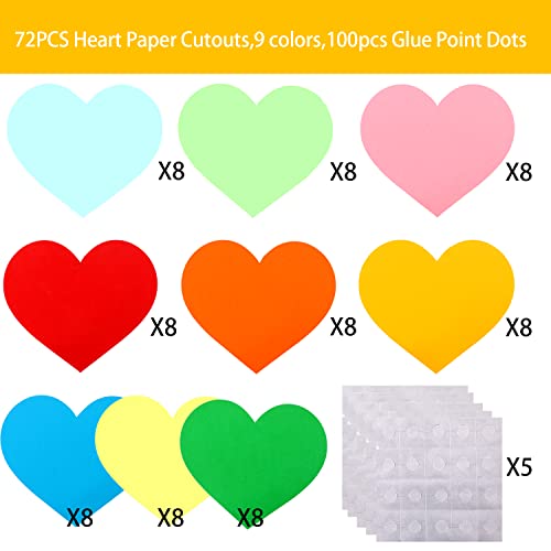 MAMUNU 72 PCS Large Heart Paper Cutouts, Assorted 9 Colors Heart Cutouts Cardstock Bulk Classroom Wall Bulletin Board Decoration, 6 inch Heart Cutouts for DIY Crafts Projects Party Home Decorations - Image 2