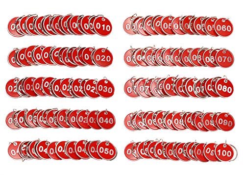 ONLYKXY 1-100 رقم ملون علامات ألومنيوم معدني صعبة للتعريف بعلامات التعليق ملصقات الأمتعة بطاقة الهوية مع حلقات مفصولة لنظام تحديد صندوق المفاتيح المنظم (أحمر) - Image 1