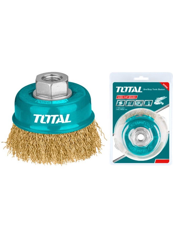 Total Tools TOTAL 75mm (3") Wire Cup Brush with M14 Nut | 0.3mm Steel Wire | Max 12,500 RPM | For Paint Removal, Deburring, Edge Cleaning, Wood & Metal Surfaces 