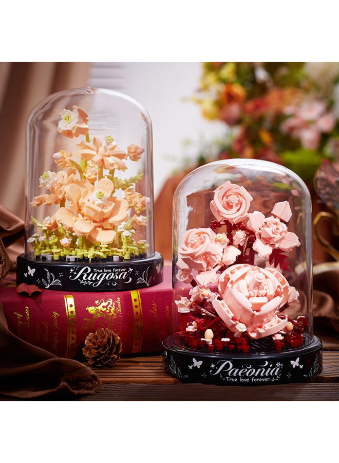 Building Blocks Assembled Flowers Adult Healing Jigsaw Puzzle Tree House Ornaments For Girlfriends Birthday Gifts-Color:Encounter Champagne Rose + Encounter Peony [with Ambient Light + Dust Cover]  - Image 1