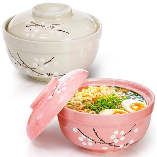 Goaste 2 Pack Ceramic Ramen Noodle Bowl, 27 OZ Big Ramen Bowl with Lid, Japanese Hand-Painted Ceramic Tableware, Durable Floral Soup Bowl for Noodles, Porridge, Rice, Dishwasher Safe(Pink, Cyan Blue) - Image 1