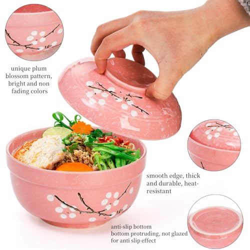 Goaste 2 Pack Ceramic Ramen Noodle Bowl, 27 OZ Big Ramen Bowl with Lid, Japanese Hand-Painted Ceramic Tableware, Durable Floral Soup Bowl for Noodles, Porridge, Rice, Dishwasher Safe(Pink, Cyan Blue) - Image 4