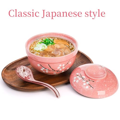 Goaste 2 Pack Ceramic Ramen Noodle Bowl, 27 OZ Big Ramen Bowl with Lid, Japanese Hand-Painted Ceramic Tableware, Durable Floral Soup Bowl for Noodles, Porridge, Rice, Dishwasher Safe(Pink, Cyan Blue) - Image 5