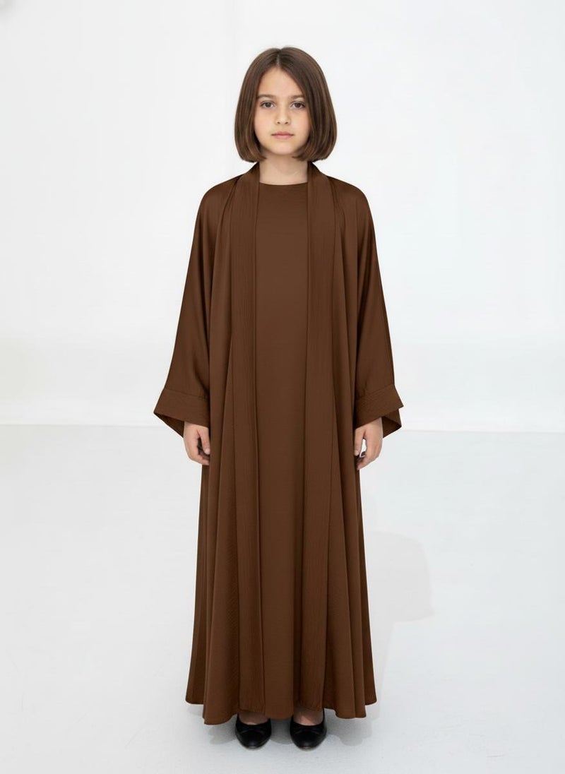 MSquare Fashion Brown Premium 3-Piece Kids Abaya Set  Lightweight Harir Maqsood Modest Wear for Girls - Image 1
