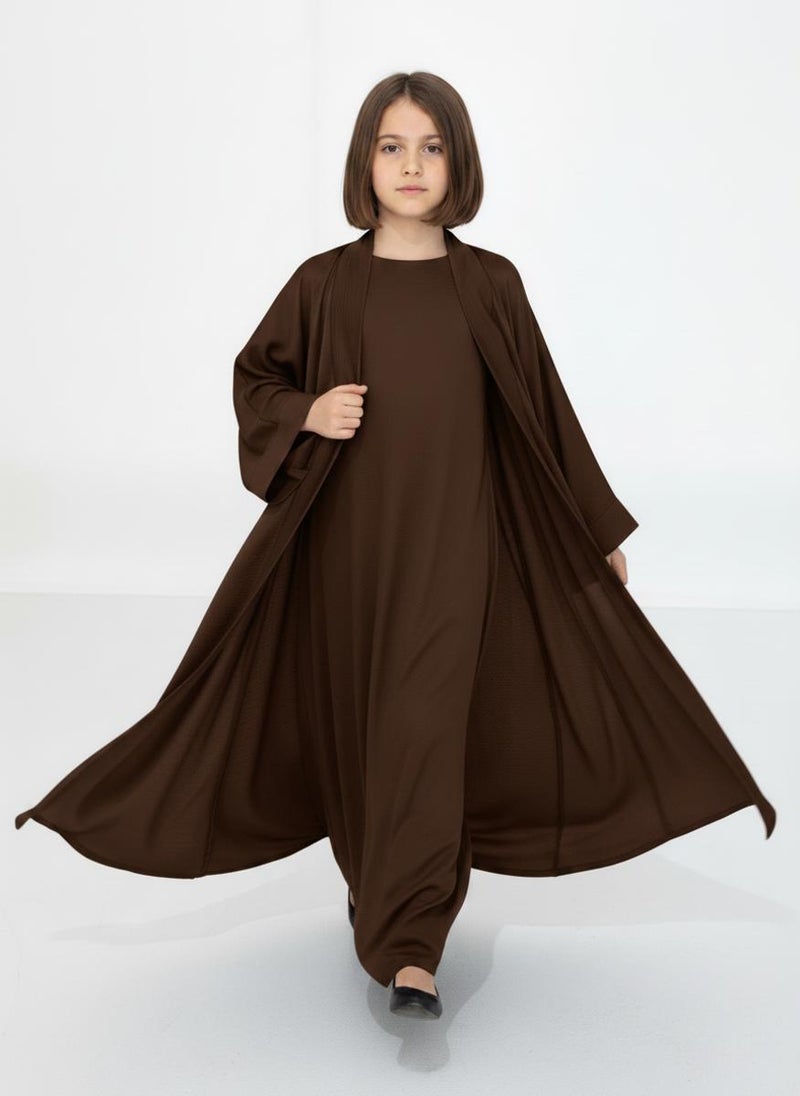 MSquare Fashion Brown Premium 3-Piece Kids Abaya Set  Lightweight Harir Maqsood Modest Wear for Girls - Image 3