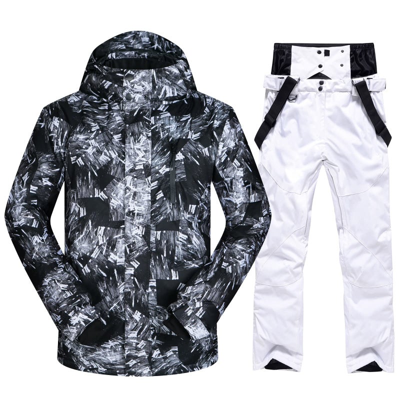Come Wonka Mens Ski Jacket and Pants Set Ski Suit Winter Waterproof Windproof Hooded Snow Coat 2 Pieces Snowboarding Snowsuits Black+White-L - Image 1