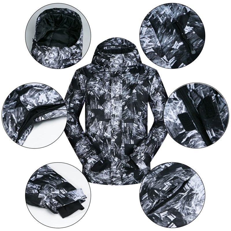 Come Wonka Mens Ski Jacket and Pants Set Ski Suit Winter Waterproof Windproof Hooded Snow Coat 2 Pieces Snowboarding Snowsuits Black+White-L - Image 5