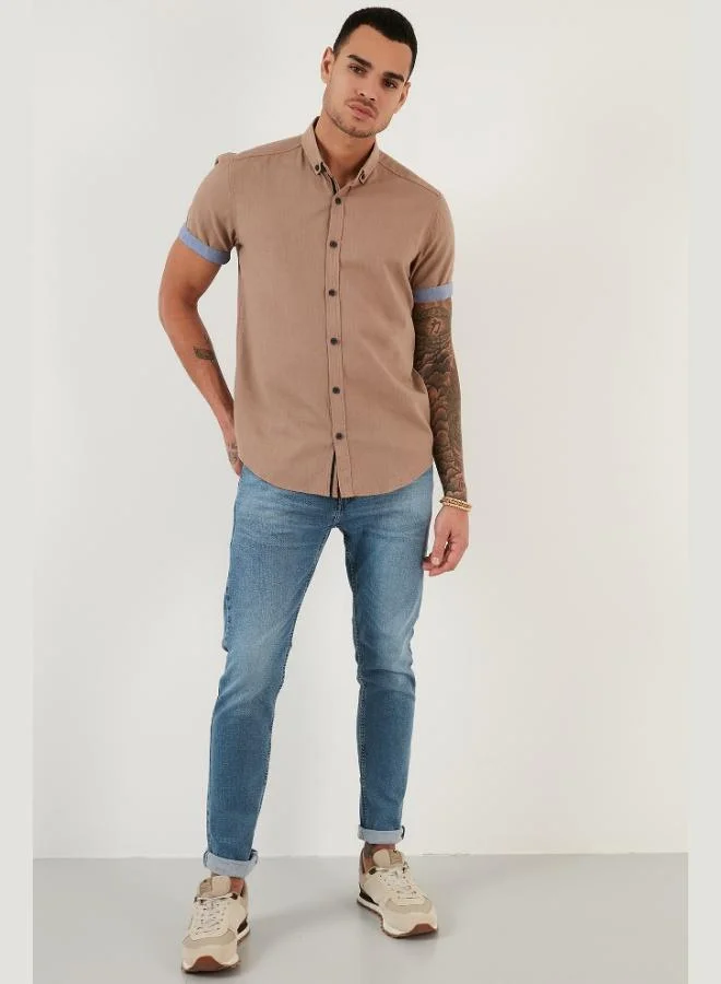 بوراتي قميص رجالي قصير الأكمام بياقة بأزرار من قطن بوراتي بقصة ضيقة