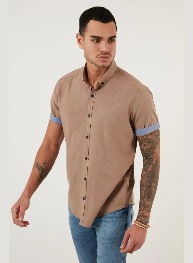 بوراتي قميص رجالي قصير الأكمام بياقة بأزرار من قطن بوراتي بقصة ضيقة