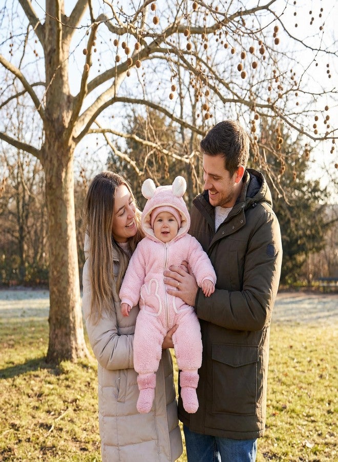 JiAmy Baby Fleece Snowsuit Newborn Hooded Winter Outfits Infant Boys Girls Hooded Zipper Jumpsuit Romper Pink 0-3 Months - Image 2