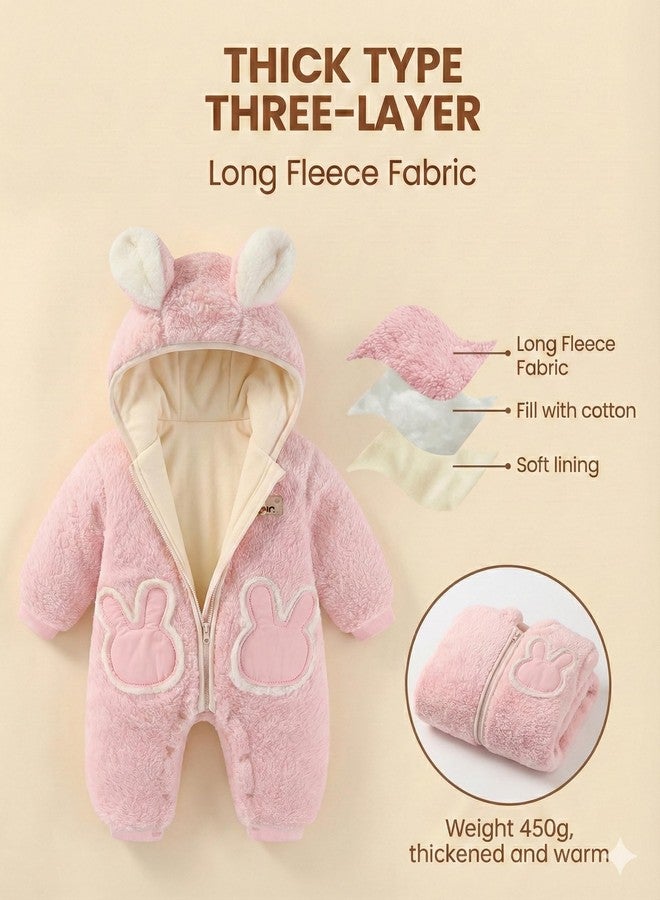 JiAmy Baby Fleece Snowsuit Newborn Hooded Winter Outfits Infant Boys Girls Hooded Zipper Jumpsuit Romper Pink 0-3 Months - Image 4