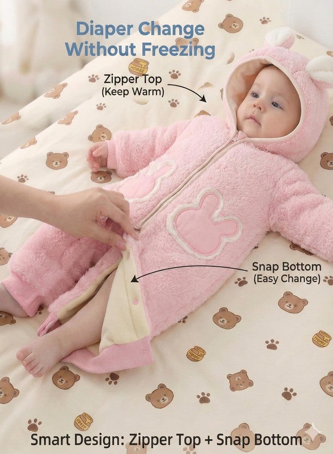 JiAmy Baby Fleece Snowsuit Newborn Hooded Winter Outfits Infant Boys Girls Hooded Zipper Jumpsuit Romper Pink 0-3 Months - Image 5