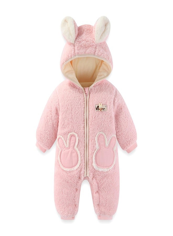 JiAmy Baby Fleece Snowsuit Newborn Hooded Winter Outfits Infant Boys Girls Hooded Zipper Jumpsuit Romper Pink 0-3 Months - Image 1