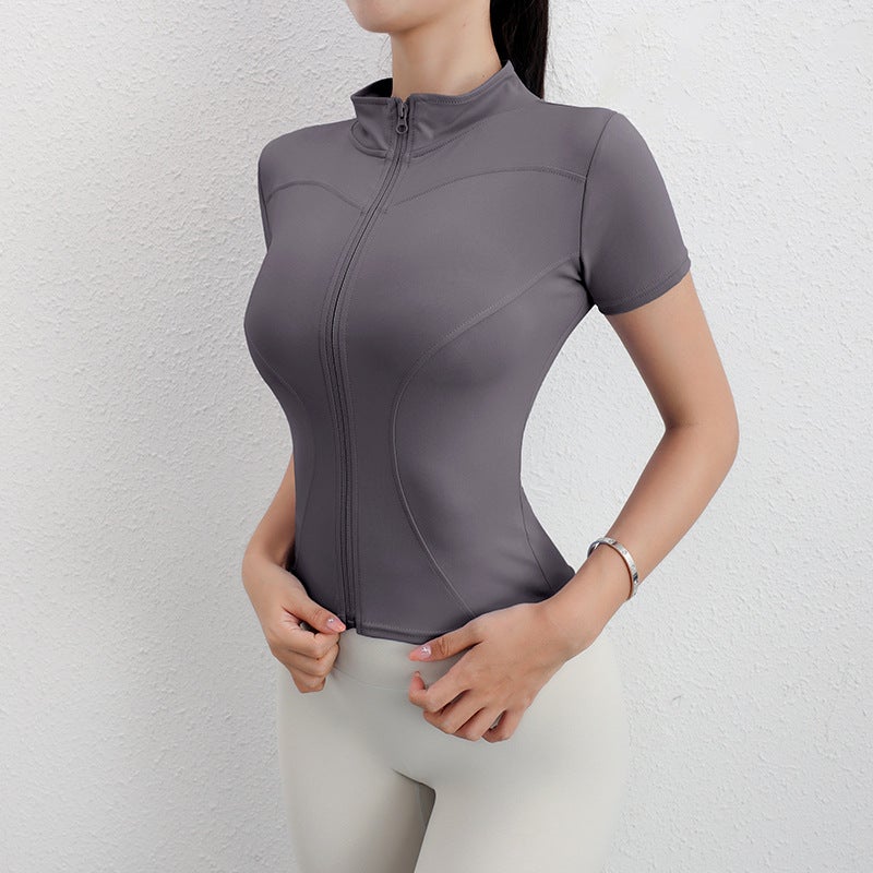 Generic Yoga Clothing Womens Quick-drying Tight T-shirt Sports Short-sleeved Running Pilates Collar Zipper Jacket Fitness Clothing Summer X20 ↤↤↤Sea ​​rock ash