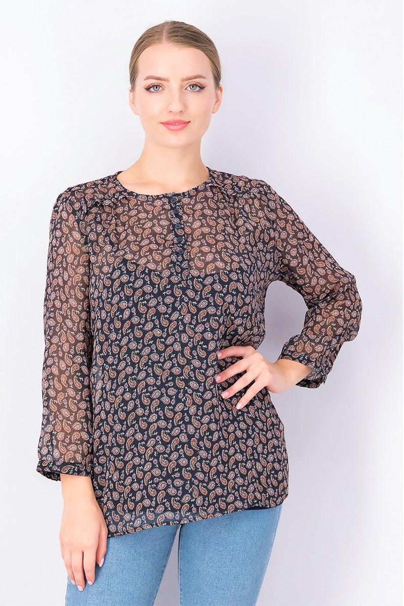 ESPRIT Women Round Neck Long Sleeve Allover Print Top, Navy Combo - Image 1