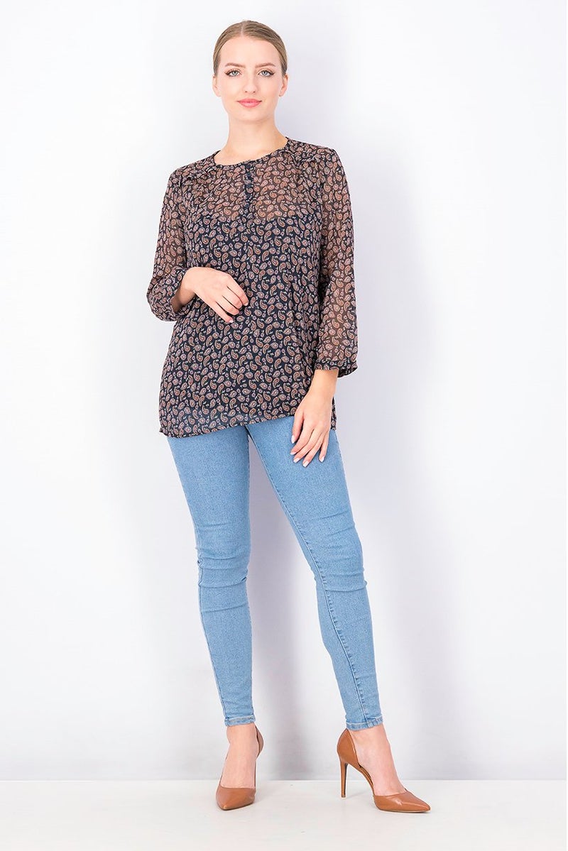 ESPRIT Women Round Neck Long Sleeve Allover Print Top, Navy Combo - Image 3