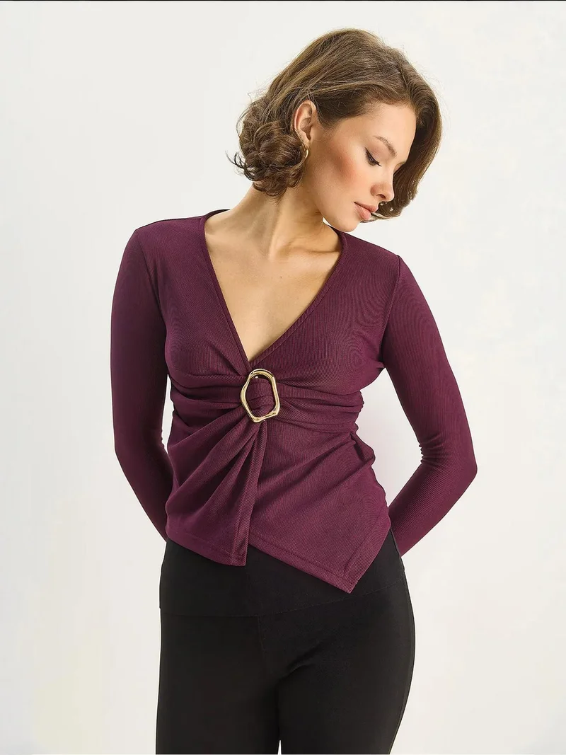 Bianco Lucci Mauve Purple LUCCI Double Breasted Blouse with Accessory Detail for Women | Best Price UAE
