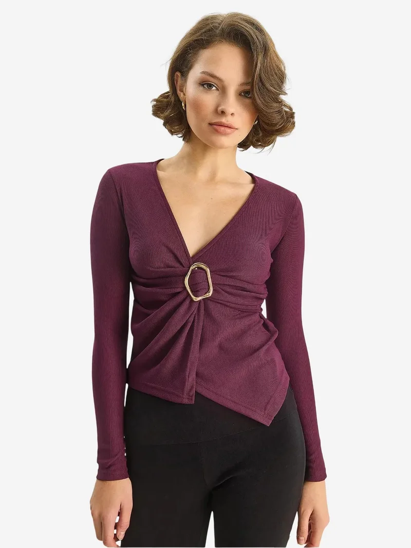 Bianco Lucci Mauve Purple LUCCI Double Breasted Blouse with Accessory Detail for Women | Best Price UAE