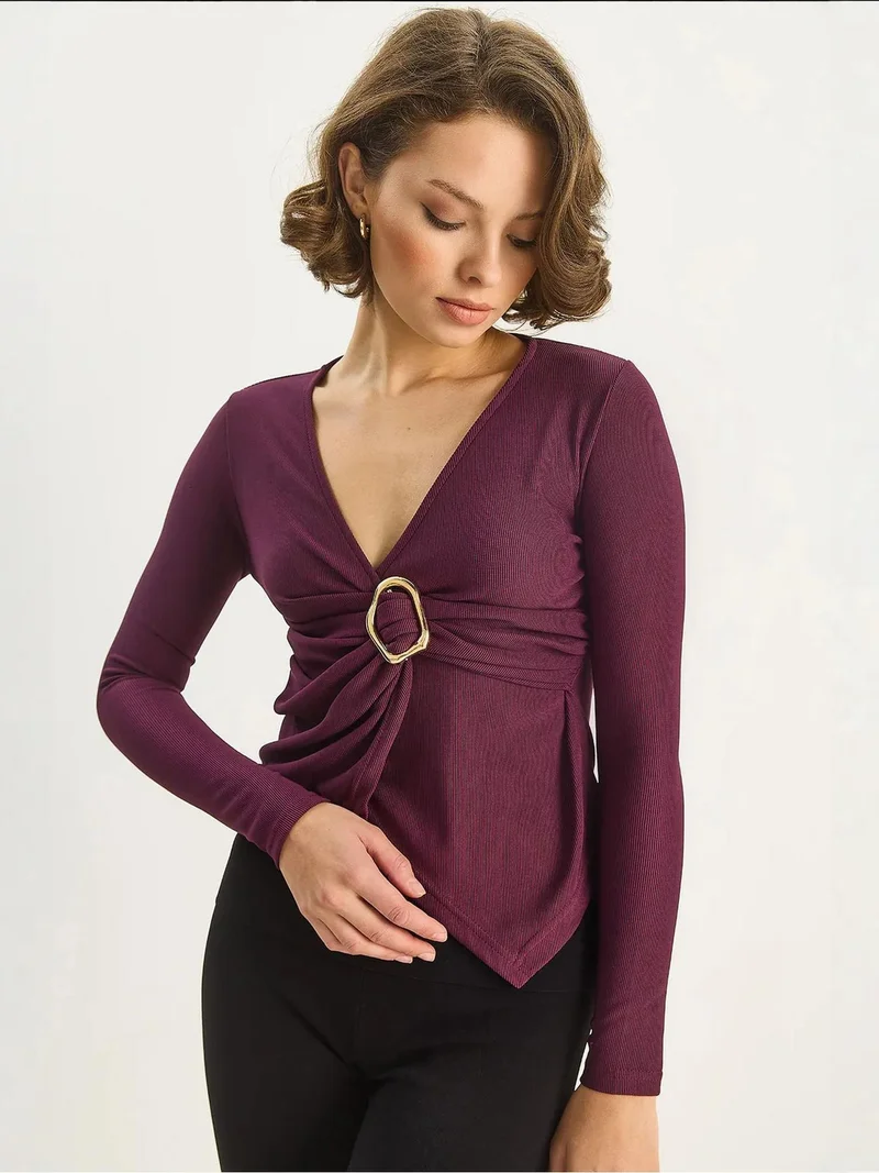 Bianco Lucci Mauve Purple LUCCI Double Breasted Blouse with Accessory Detail for Women | Best Price UAE