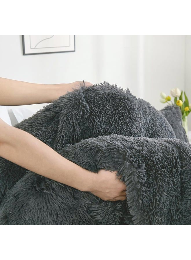 annadaif Plush Grey Duvet Cover Queen, Fluffy Soft Faux Fur Velvet Comforter Cover, Luxury Fuzzy Shaggy Bedding Sets 3 Pieces(1 Duvet Cover,2 Pillowcases), Zipper Closure - Image 4