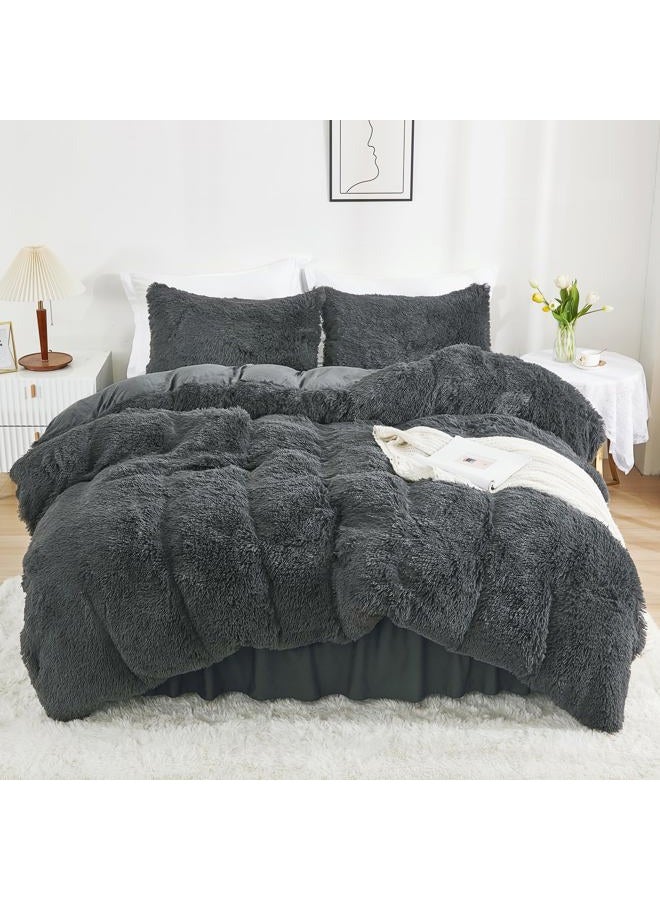 annadaif Plush Grey Duvet Cover Queen, Fluffy Soft Faux Fur Velvet Comforter Cover, Luxury Fuzzy Shaggy Bedding Sets 3 Pieces(1 Duvet Cover,2 Pillowcases), Zipper Closure - Image 1