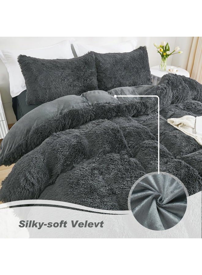 annadaif Plush Grey Duvet Cover Queen, Fluffy Soft Faux Fur Velvet Comforter Cover, Luxury Fuzzy Shaggy Bedding Sets 3 Pieces(1 Duvet Cover,2 Pillowcases), Zipper Closure - Image 3