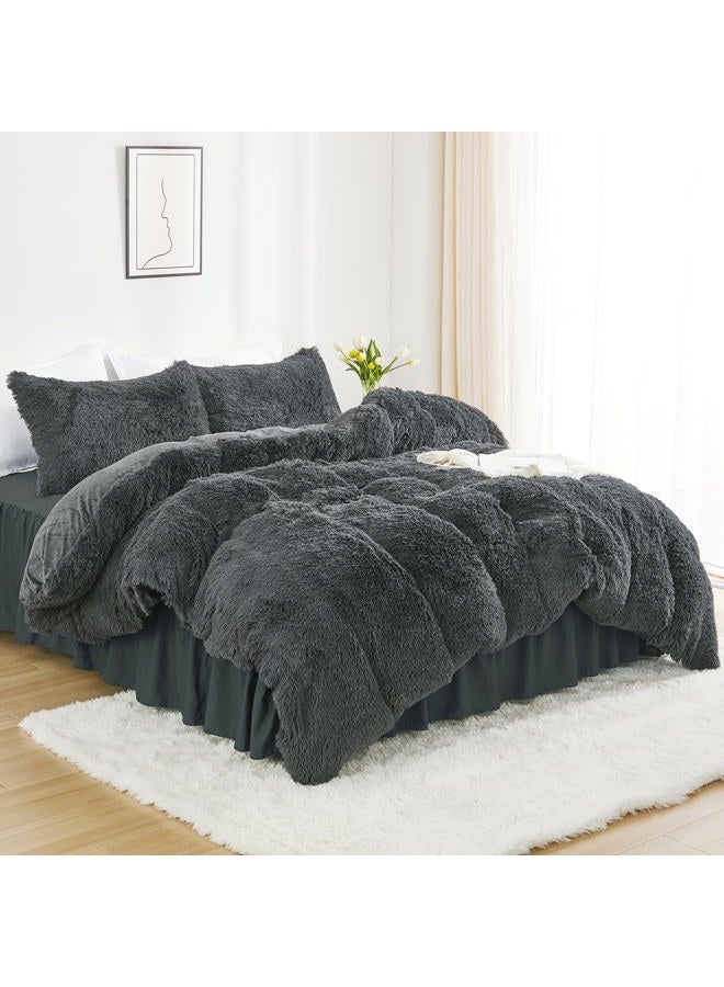 annadaif Plush Grey Duvet Cover Queen, Fluffy Soft Faux Fur Velvet Comforter Cover, Luxury Fuzzy Shaggy Bedding Sets 3 Pieces(1 Duvet Cover,2 Pillowcases), Zipper Closure - Image 2
