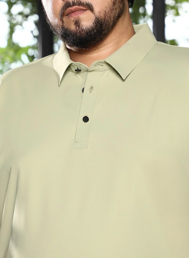Instafab Plus Men Seamless Grid Polo T-Shirt | Polo Neck, Short Regular Sleeves | Half-Button Closure, Straight Hem | Solid Textured | Knitted Fabric For Plus Size Casual & Daily Wear | Lime Green