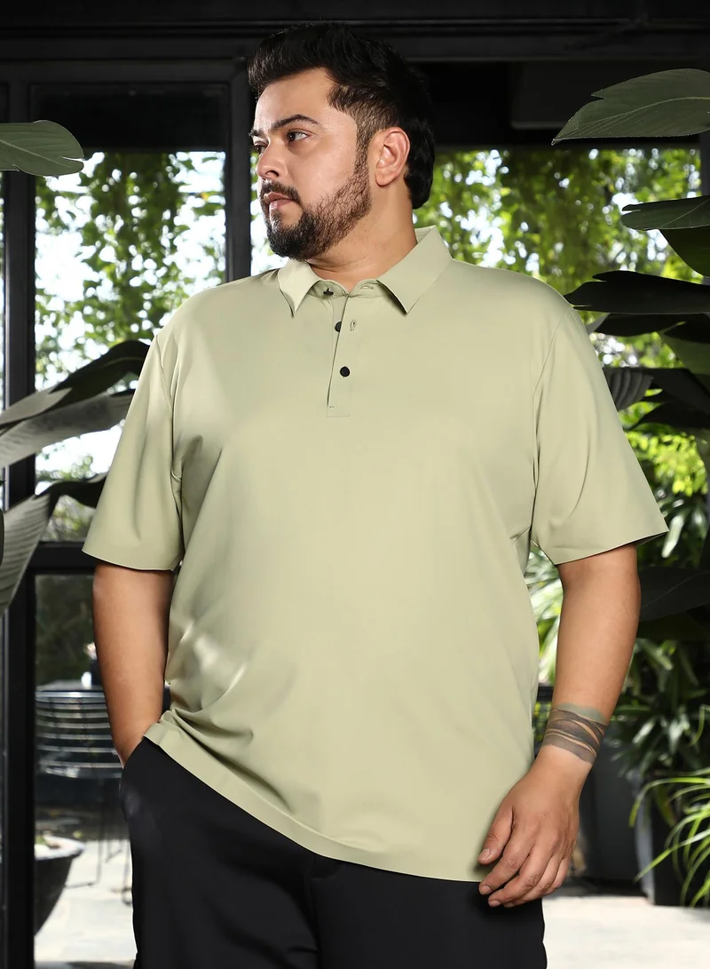 انستافاب بلس تي شيرت بولو رجالي شبكي بدون خياطة بياقة بولو وأكمام قصيرة عادية وإغلاق نصف أزرار وحافة مستقيمة بلون سادة من نسيج محبوك للمقاسات الكبيرة للاستخدام الكاجوال واليومي باللون الأخضر الليموني