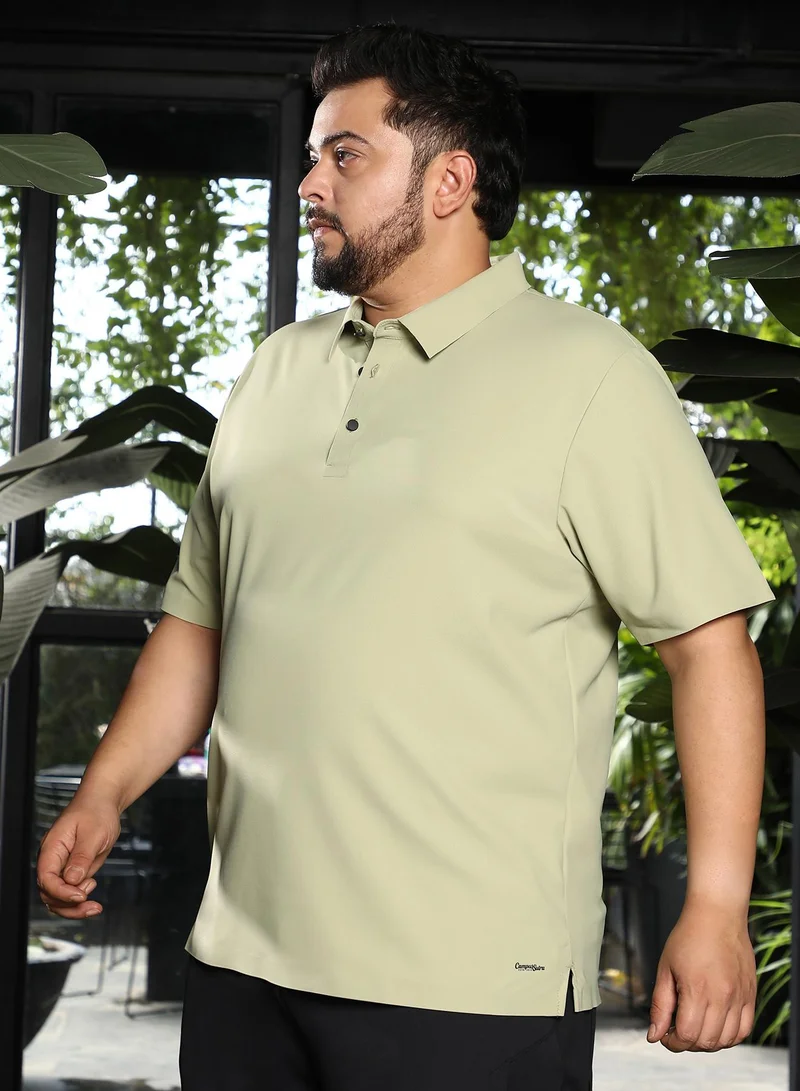 Instafab Plus Men Seamless Grid Polo T-Shirt | Polo Neck, Short Regular Sleeves | Half-Button Closure, Straight Hem | Solid Textured | Knitted Fabric For Plus Size Casual & Daily Wear | Lime Green