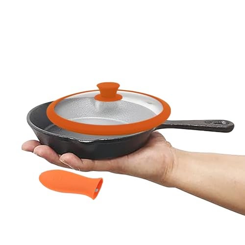 CountryCook Pre-Seasoned Cast Iron Frying Pan 15 Cms With Glass Lid For Omlette & Tadka, Induction Friendly, Non-Toxic, Enamel Free Cookware, No Chemical Coating,Black& Orange - Image 1