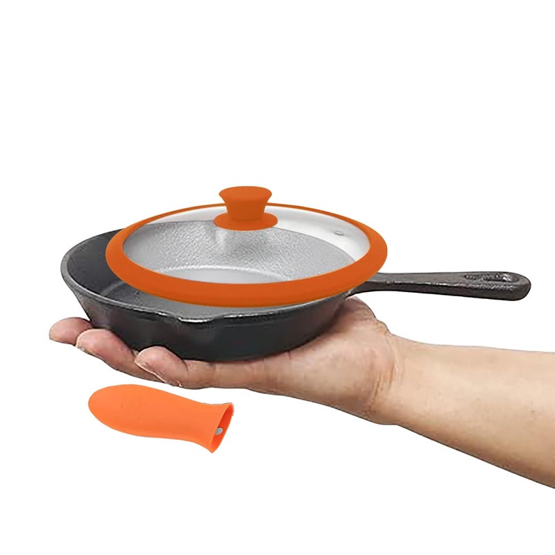 CountryCook Pre-Seasoned Cast Iron Frying Pan 15 Cms With Glass Lid For Omlette & Tadka, Induction Friendly, Non-Toxic, Enamel Free Cookware, No Chemical Coating,Black& Orange - Image 5