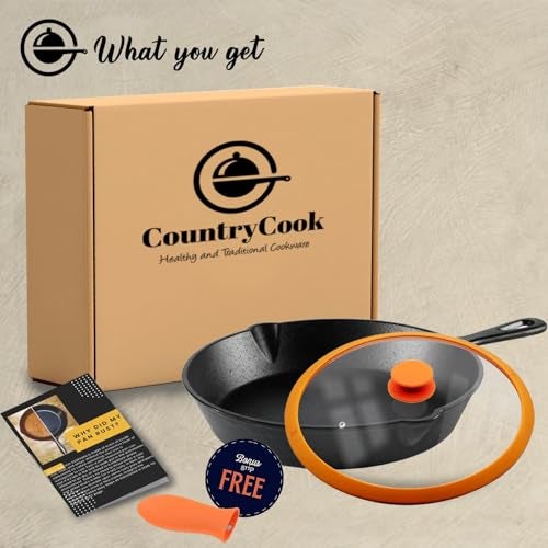 CountryCook Pre-Seasoned Cast Iron Frying Pan 15 Cms With Glass Lid For Omlette & Tadka, Induction Friendly, Non-Toxic, Enamel Free Cookware, No Chemical Coating,Black& Orange - Image 2